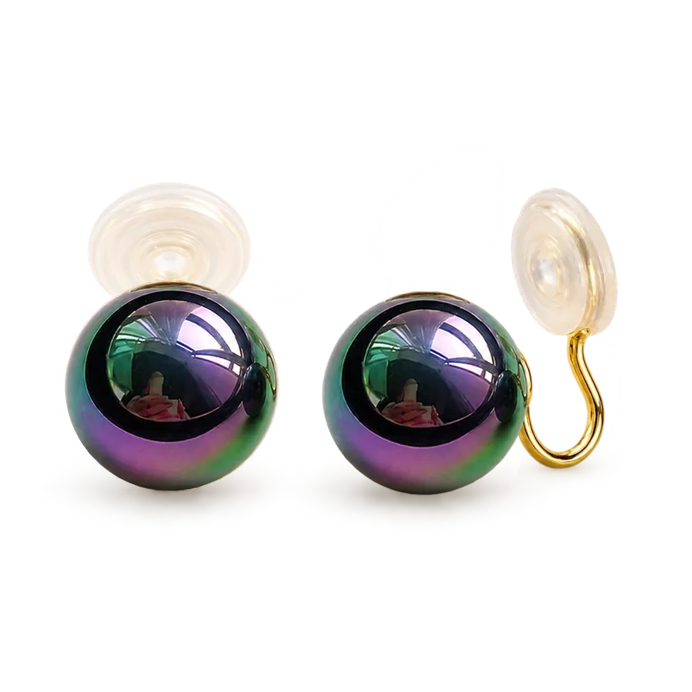 Pair of Black Pearl Clip-On Earrings displayed on a soft white surface, capturing the classic and timeless design.