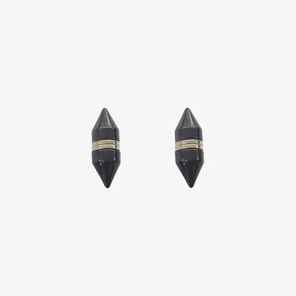 A pair of sleek black tapered magnetic ear studs for men in stainless steel.