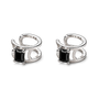 A pair of silver-toned huggie hoop earrings with rectangular black gemstones, shown on a clean white background.