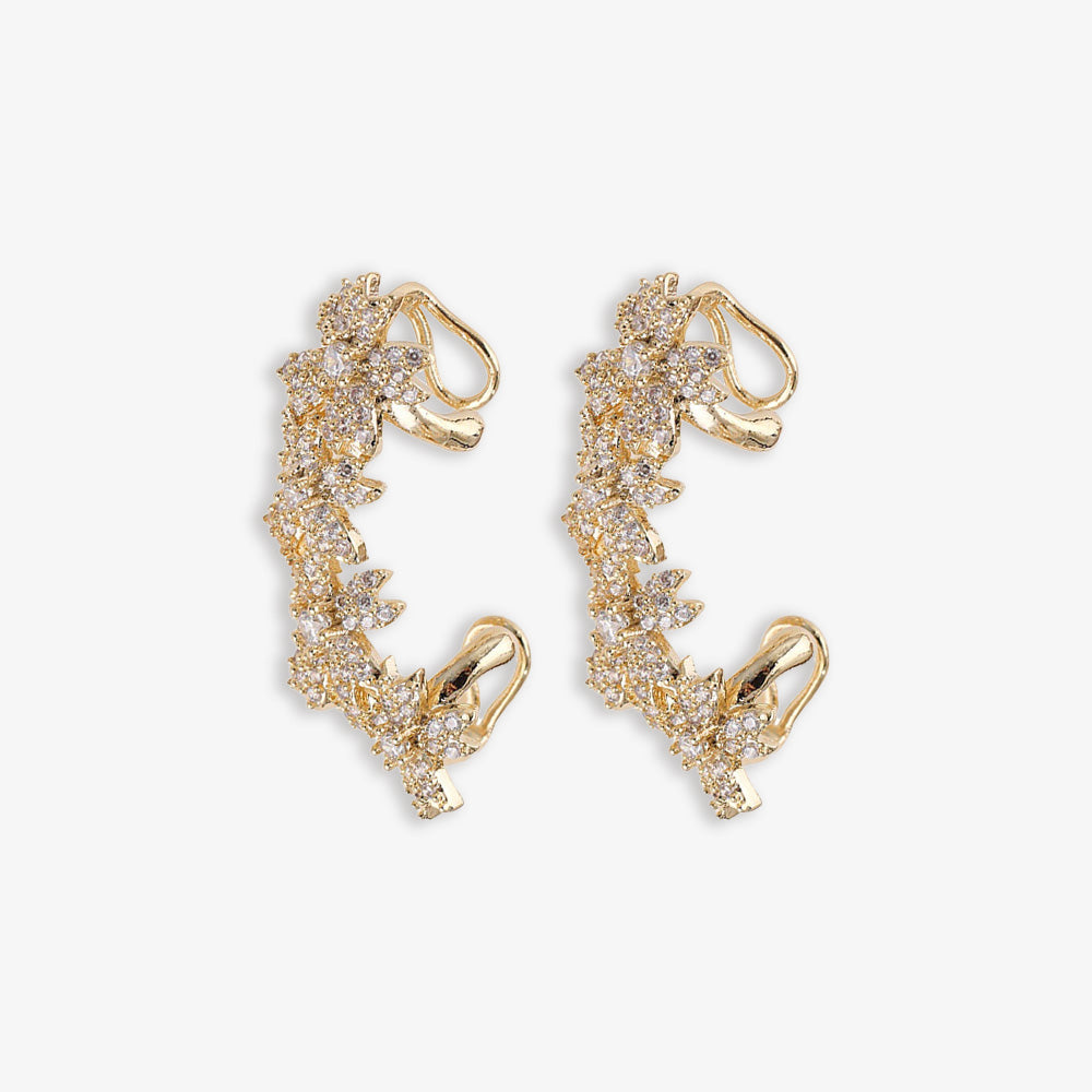 Assortment of Blossom Flower Crystal Helix Ear Cuffs, featuring designs in both warm gold, the zircon gems twinkling amidst the petal shapes, reflecting a luxurious and nature-inspired bridal accessory.