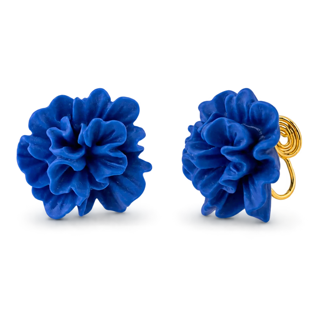 A pair of vibrant royal blue flower-shaped stud earrings with textured ruffled petals and gold-colored screw-back posts, shown on a clean white background.