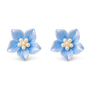 A pair of light blue flower-shaped stud magnetic earrings with white faux pearl centers, shown on a clean white background.