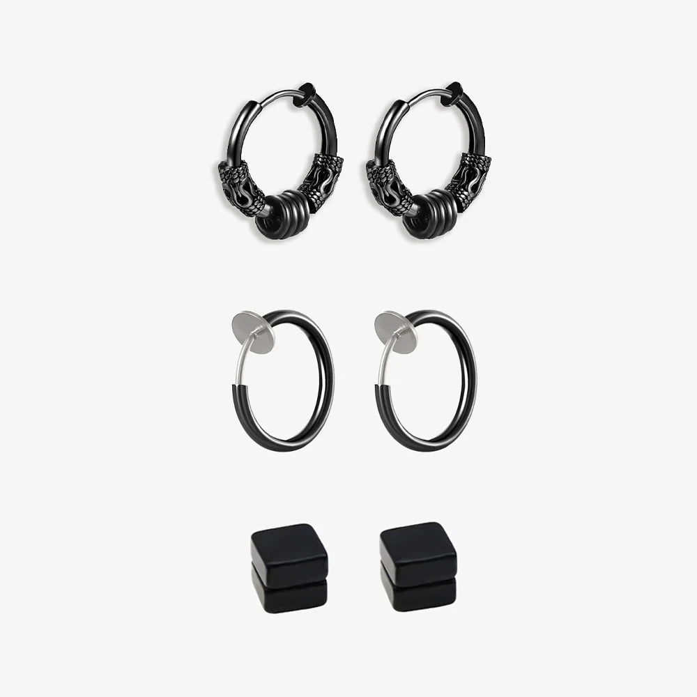 A set of black clip-on earrings in various designs, including hoop earrings and magnetic ear studs, displayed against a white background.