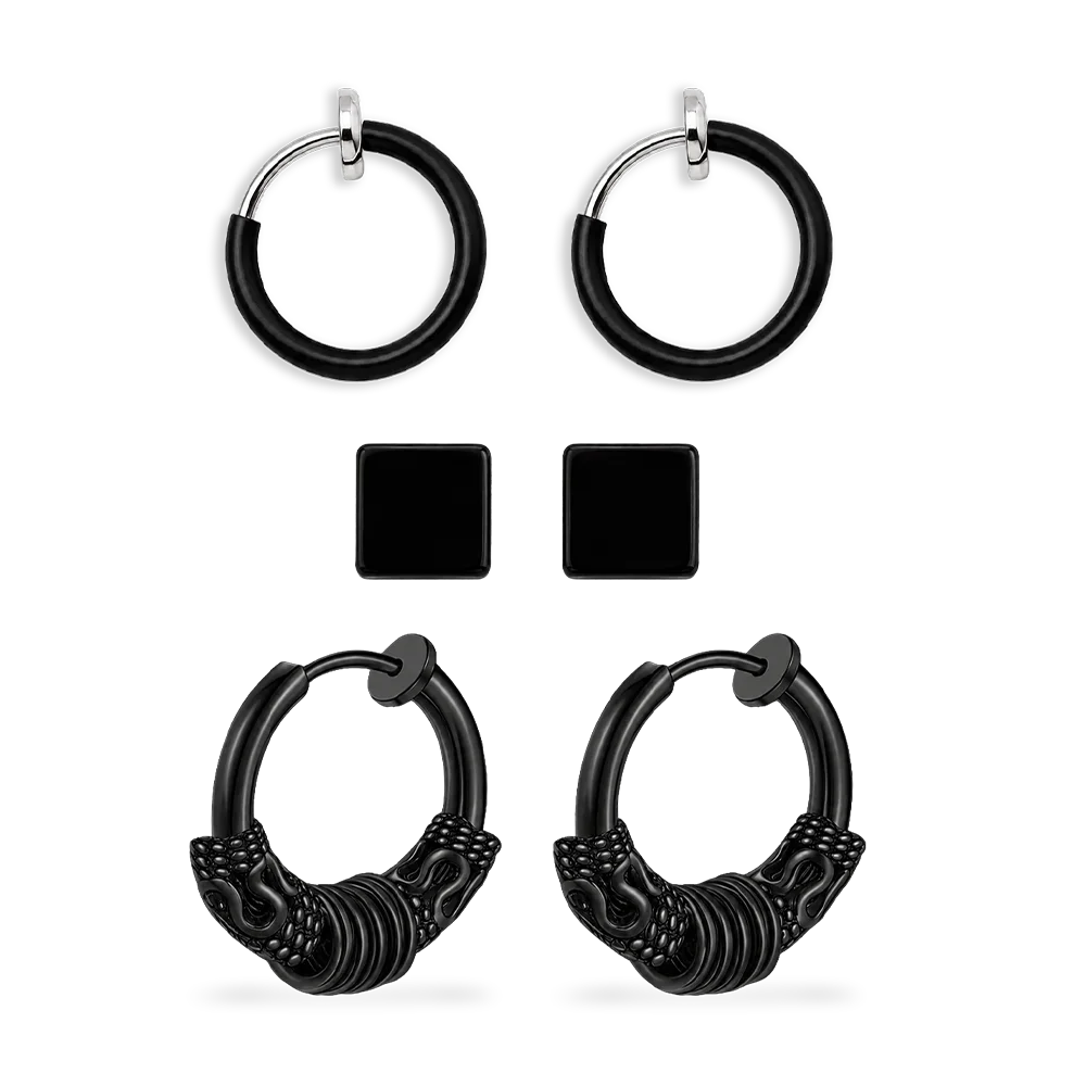 A set of black clip-on earrings in various designs, including hoop earrings and magnetic ear studs, displayed against a white background.