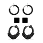 A set of black clip-on earrings in various designs, including hoop earrings and magnetic ear studs, displayed against a white background.