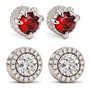 two top earrings feature textured silver settings with large round red stones, and two bottom earrings feature silver settings with a halo of clear stones around a central clear stone.