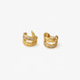 Gold braided baguette clip-on earrings front view on white background with packaging