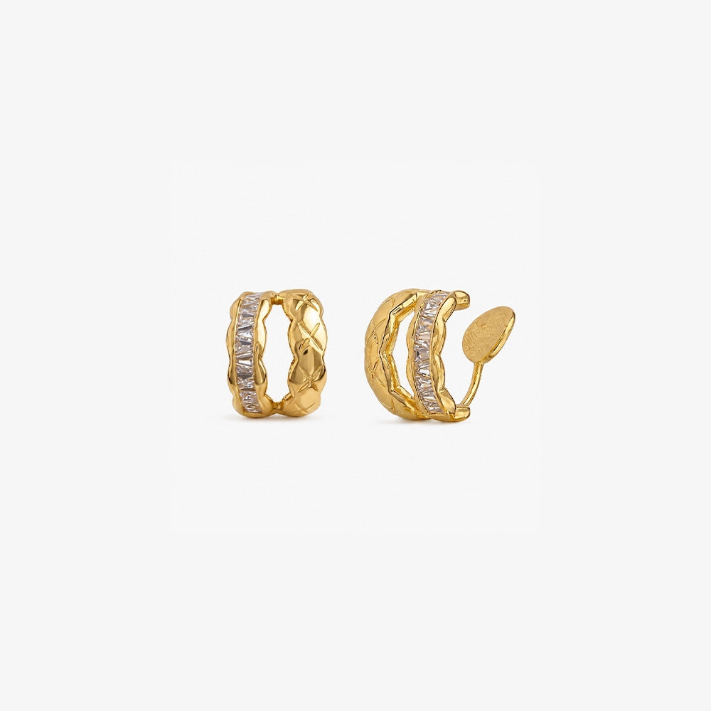Braided Baguette Clip-On Earrings in yellow gold, front view on white background