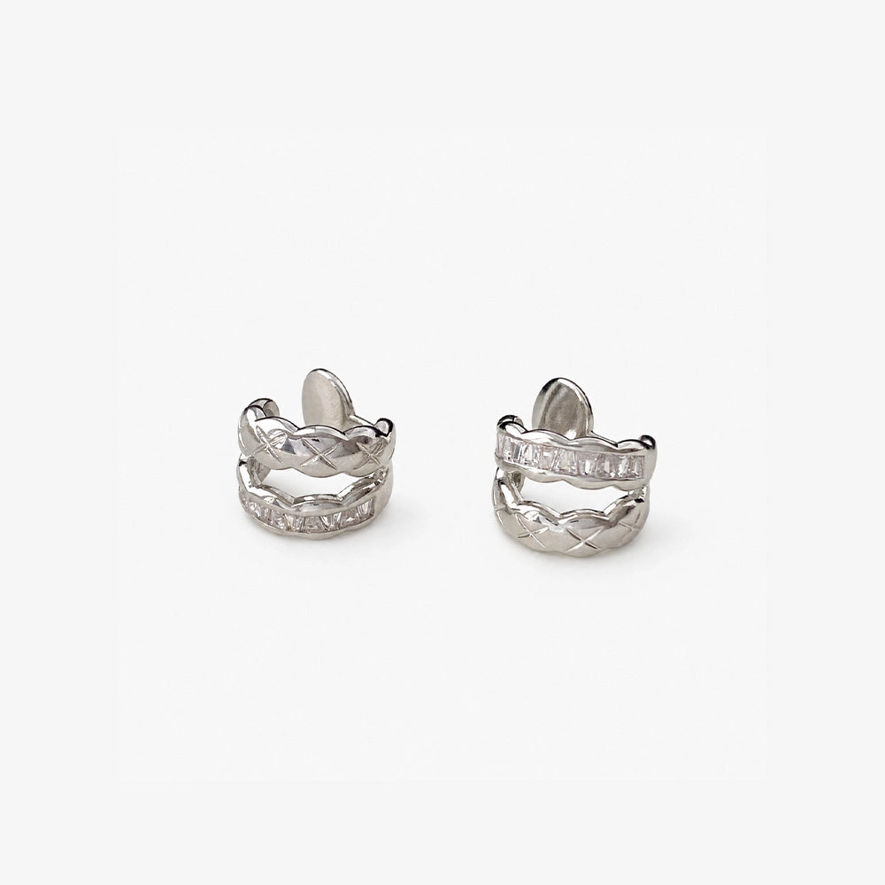 Braided Baguette Clip-On Earrings in white gold, front view on white background with packaging