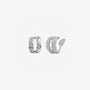 Pair of white gold hoop earrings with cubic zirconia on a white background