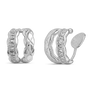 A pair of silver huggie hoop earrings with textured wavy bands and baguette-cut crystal accents, shown on a clean white background.