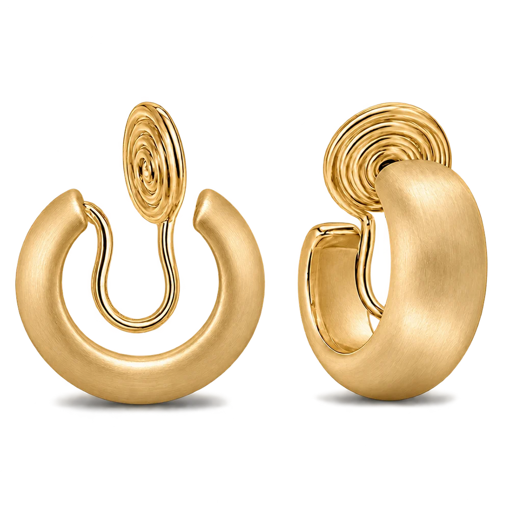 Elegant brushed gold clip-on hoop earrings for women, 15mm diameter, gold plated copper