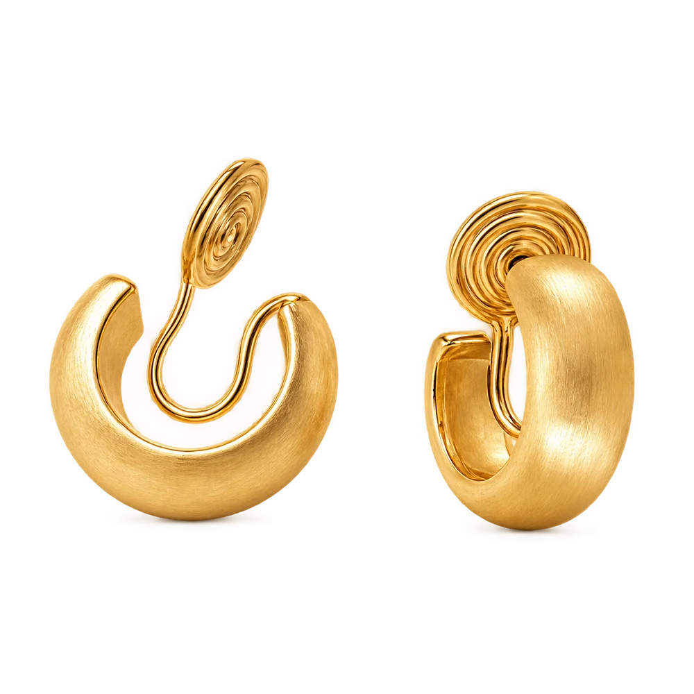 Elegant brushed gold clip-on hoop earrings for women, 15mm diameter, gold plated copper