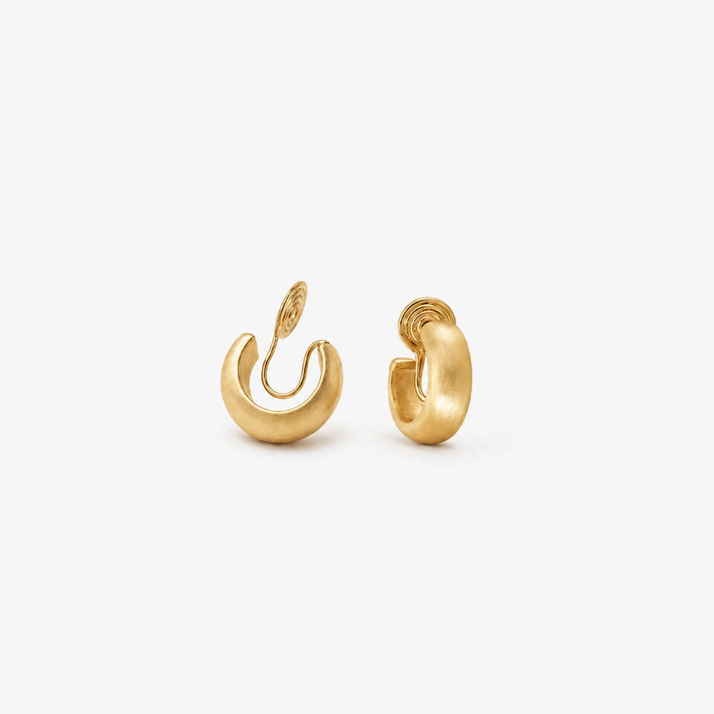Elegant brushed gold clip-on hoop earrings for women, 15mm diameter, gold plated copper