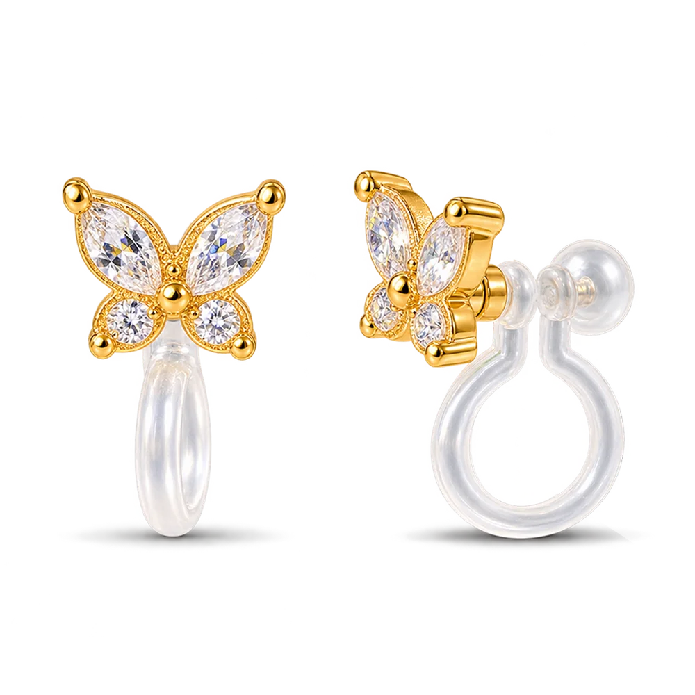 A pair of gold butterfly-shaped stud earrings with clear marquise and round gemstones, shown from front and side angles on a white background.
