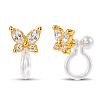 A pair of gold butterfly-shaped stud earrings with clear marquise and round gemstones, shown from front and side angles on a white background.