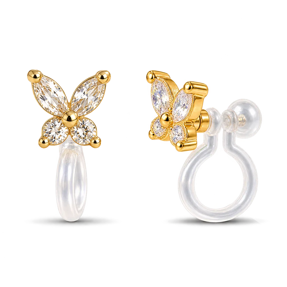 A pair of gold butterfly-shaped stud earrings with clear marquise and round gemstones, shown from front and side angles on a white background.