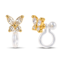 A pair of gold butterfly-shaped stud earrings with clear marquise and round gemstones, shown from front and side angles on a white background.