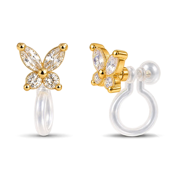 A pair of gold butterfly-shaped stud earrings with clear marquise and round gemstones, shown from front and side angles on a white background.