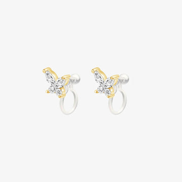 Butterfly zirconia invisible clip-on earrings in gold and silver front view on white background