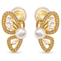 A pair of gold butterfly stud earrings decorated with white pearls and small clear crystals, shown on a clean white background.