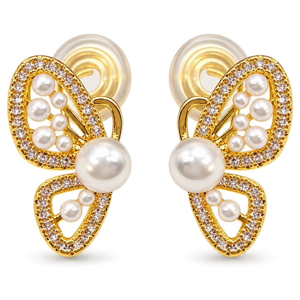A pair of gold butterfly stud earrings decorated with white pearls and small clear crystals, shown on a clean white background.