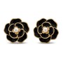 Elegant black enamel screw back clip on earrings for women, featuring a pearl center and flower design.