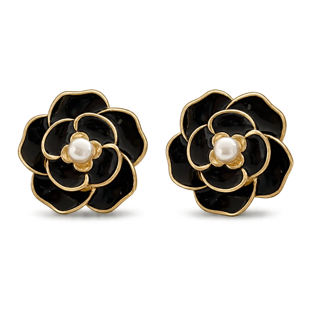 Elegant black enamel screw back clip on earrings for women, featuring a pearl center and flower design.
