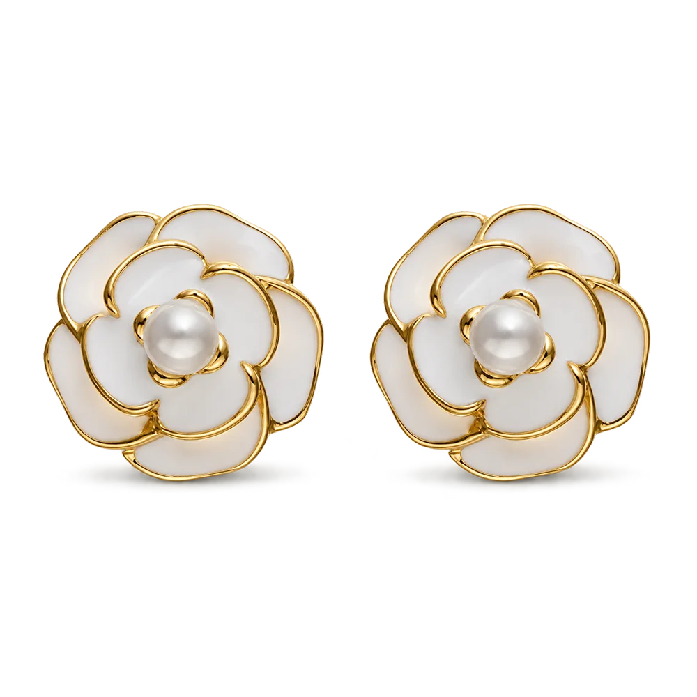 A pair of gold and white flower-shaped stud earrings with pearl centers, shown on a clean white background.