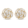 A pair of gold and white flower-shaped stud earrings with pearl centers, shown on a clean white background.