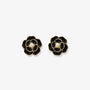 Elegant black enamel screw back clip on earrings for women, featuring a pearl center and flower design.