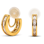 A pair of gold huggie hoop earrings with baguette-cut clear stones, shown from the front and side on a white background.