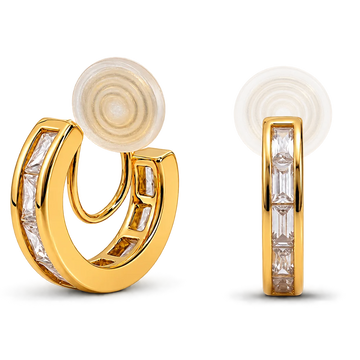 A pair of gold huggie hoop earrings with baguette-cut clear stones, shown from the front and side on a white background.