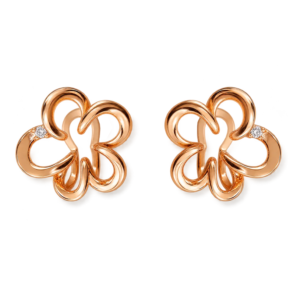 A pair of rose gold dive-leaf clover stud earrings with small clear gemstone accents on the left and right points, shown on a solid white background.