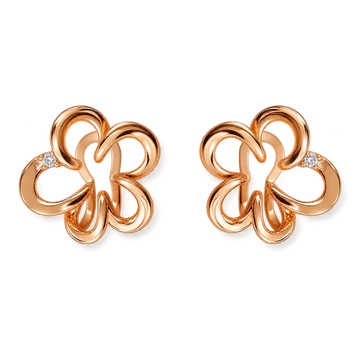 A pair of rose gold dive-leaf clover stud earrings with small clear gemstone accents on the left and right points, shown on a solid white background.