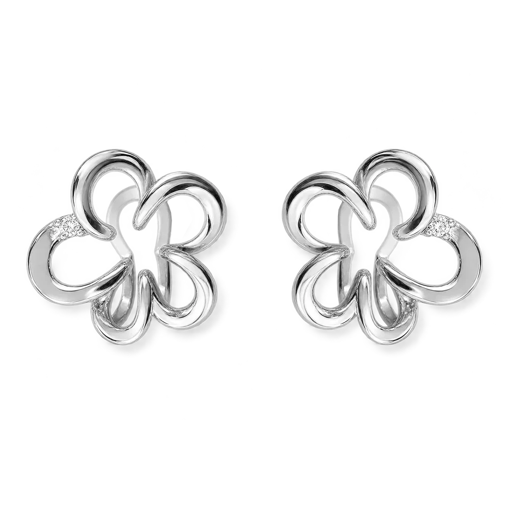A pair of silver-toned dive-leaf clover stud earrings with small clear crystal accents on the left side of each earring, shown on a plain white background.
