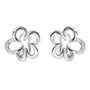 A pair of silver-toned dive-leaf clover stud earrings with small clear crystal accents on the left side of each earring, shown on a plain white background.