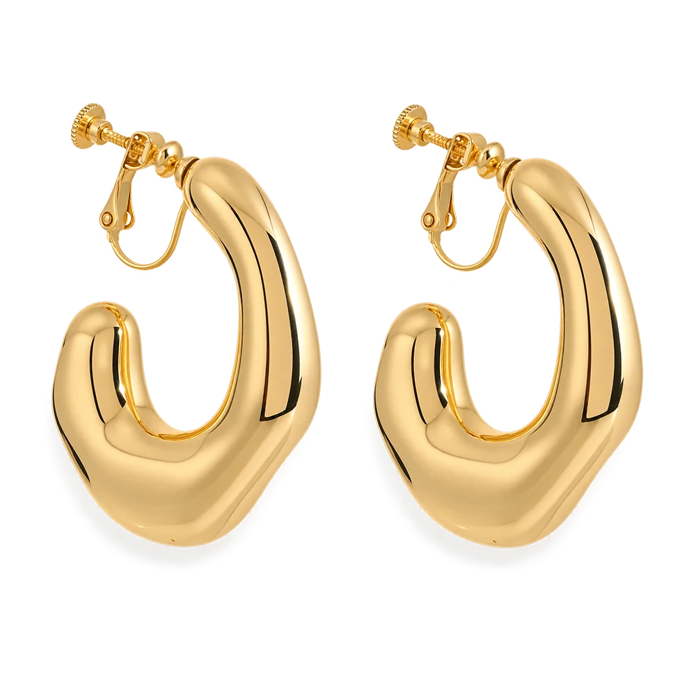 A pair of chunky, abstract-shaped gold hoop earrings with screw-back posts, shown on a clean white background.