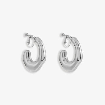 Chunky Curved Hoop Screw Back Clip-On Earring in Silver – front view