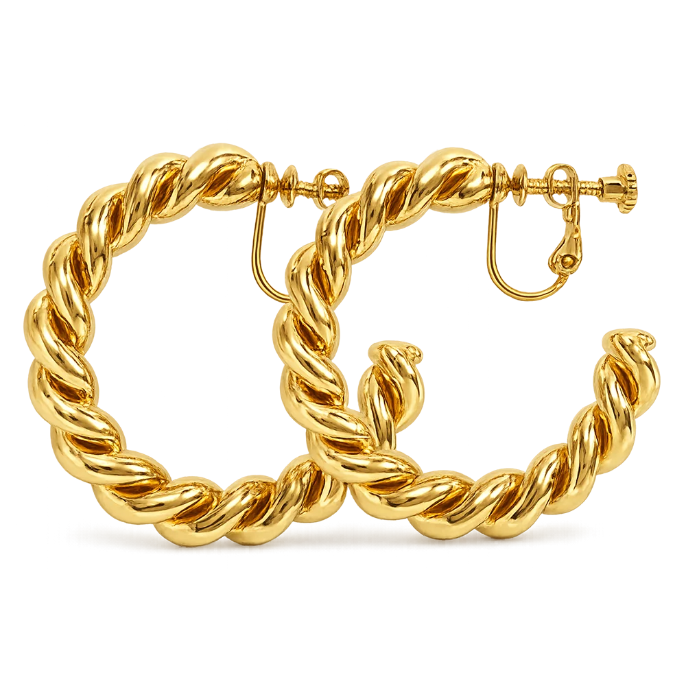 A pair of large, twisted rope-style gold hoop earrings with secure screw-back clasp closures, shown on a clean white background.