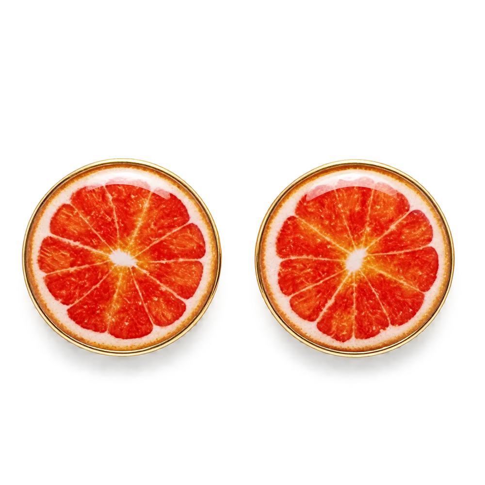 A pair of no-piercing Zesty Grapefruit Magnetic Stud Earrings, showcasing their detailed resin fruit slice design, isolated on a white background.