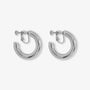 Silver classic hoop clip on earrings front view on white background showing polished metal finish and screw back closure
