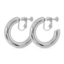 Silver classic hoop clip on earrings front view on white background showing polished metal finish and screw back closure