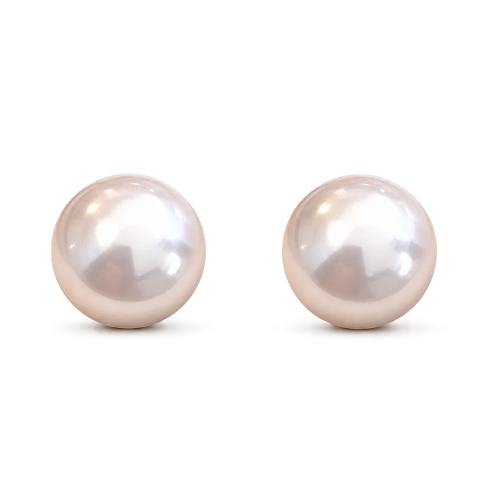 A pair of round pearl stud earrings, displayed on a clean white background.