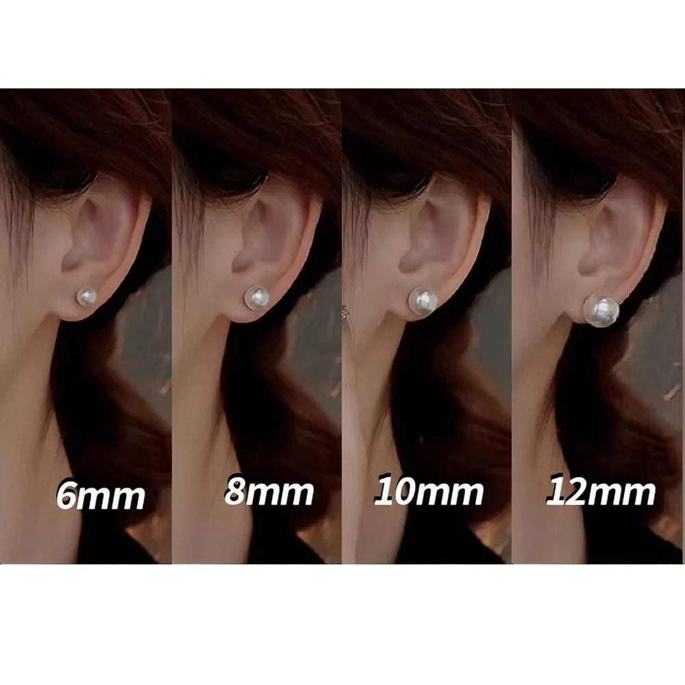 Four side-by-side close-up views of a woman's ear wearing pearl stud earrings in different sizes labeled 6mm, 8mm, 10mm, and 12mm.