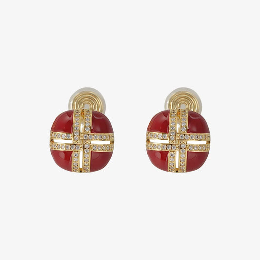 Crimson Enamel & Gold Cross Clip-On Earrings