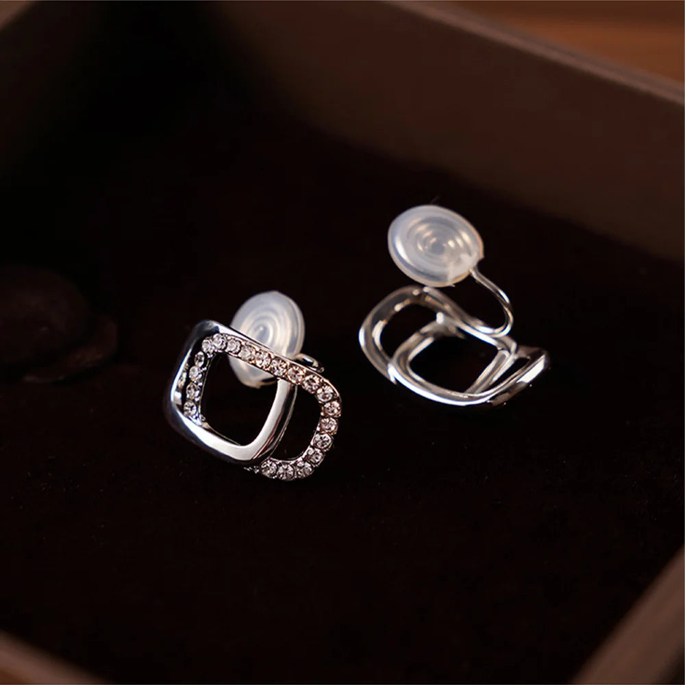 Front and back view of Crystal Frame Clip-On Earrings, showing zircon embellishments and smooth backing.