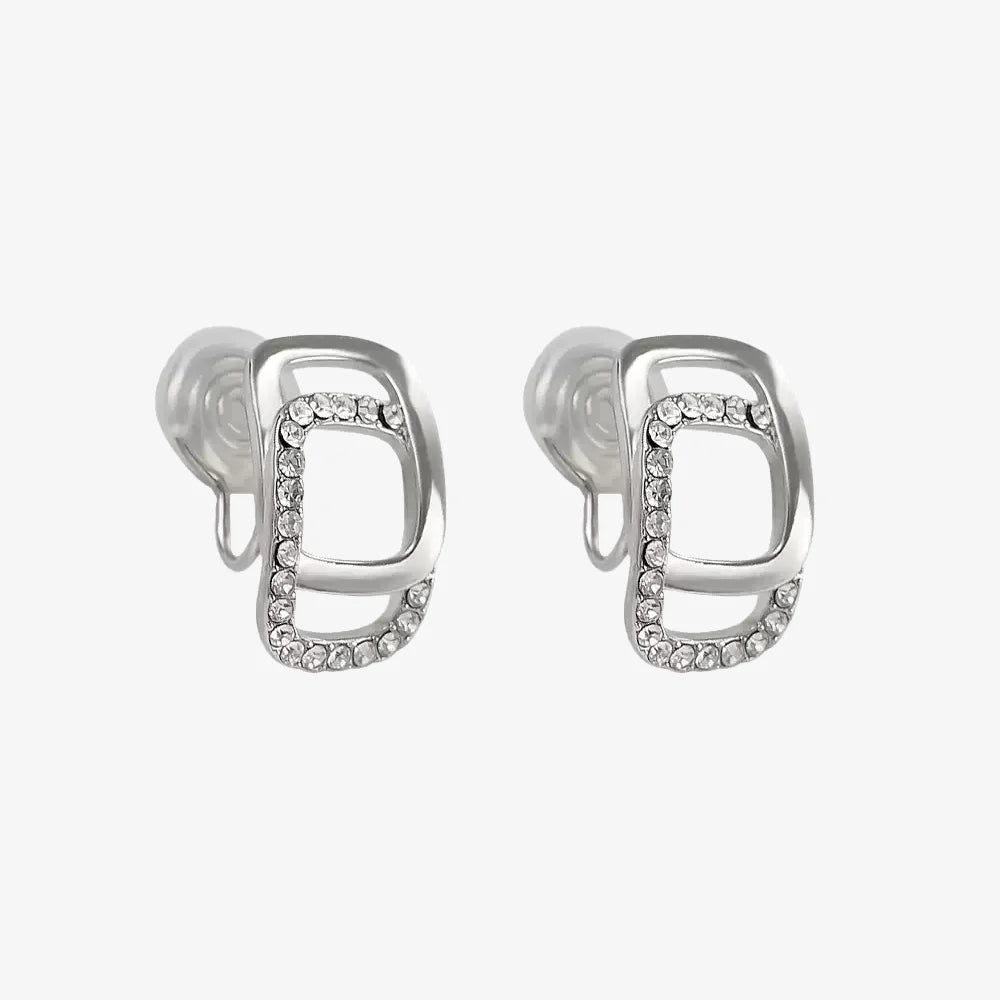 Main photo of Crystal Frame Clip-On Earrings in Silver on a white background showcasing their zircon details.