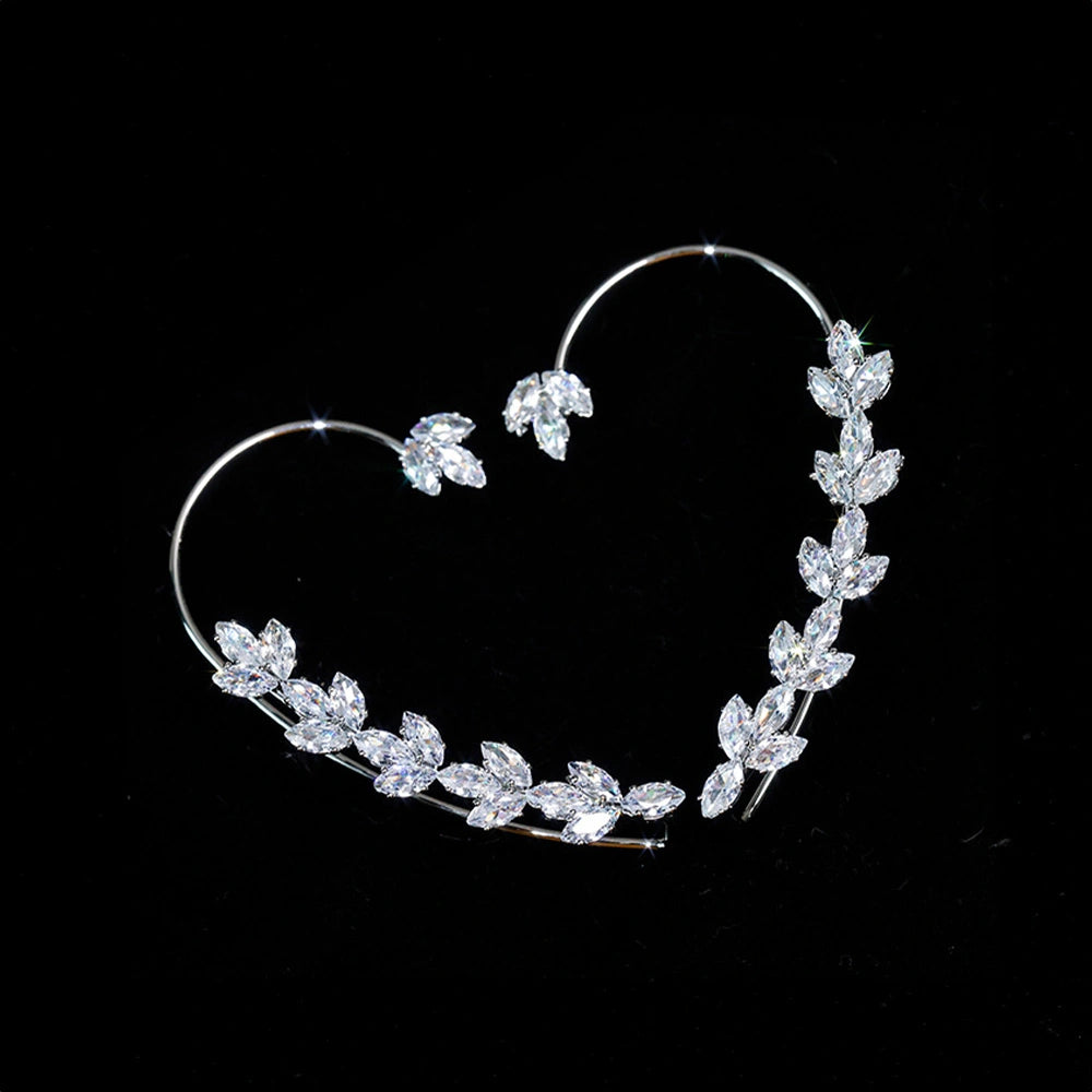 Crystal Leaf Cuff Earrings in Silver displayed on black background showcasing sparkling marquise-cut cubic zirconia leaf design