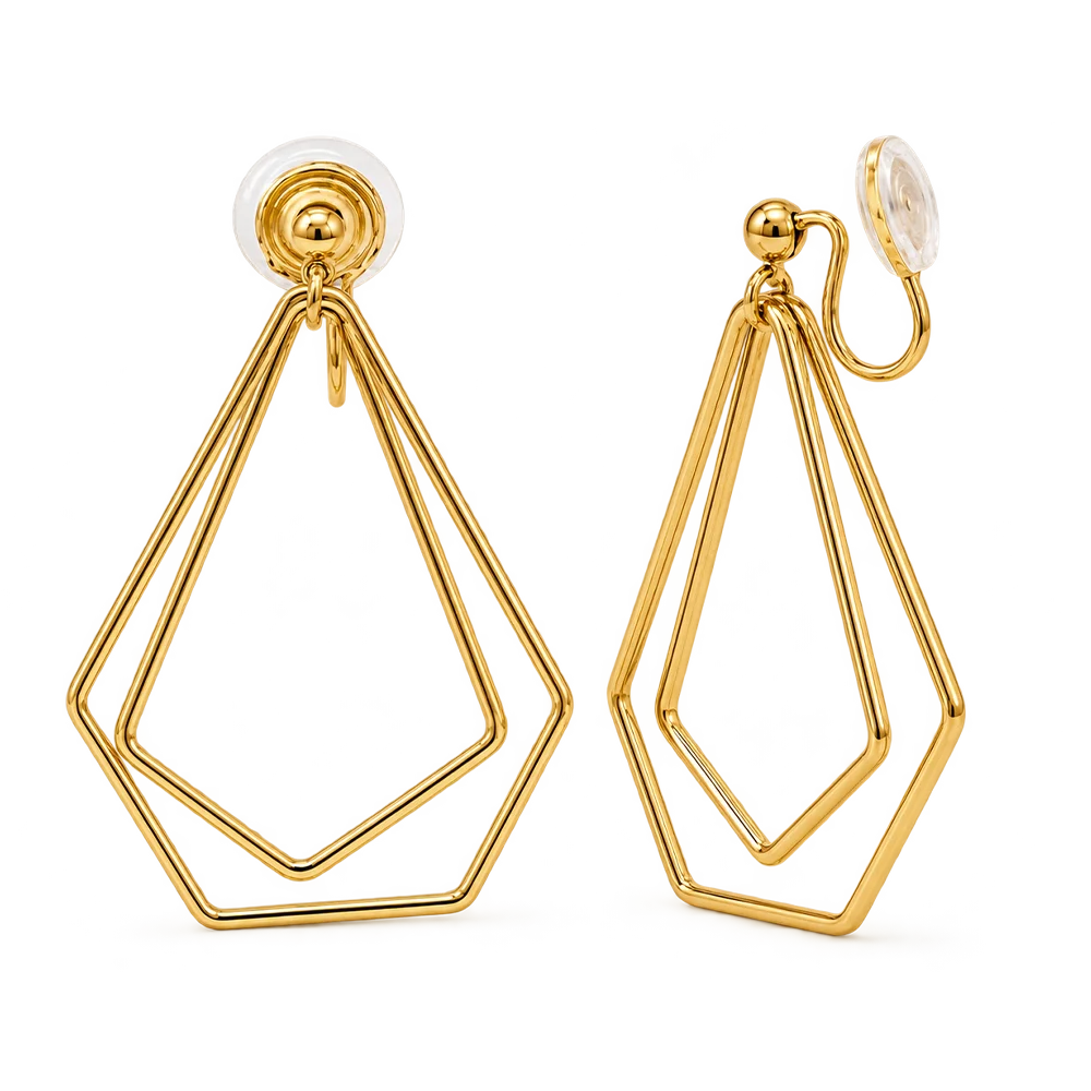 A pair of gold geometric dangle earrings with a double-line diamond design and clip on backing, shown on a clean white background.